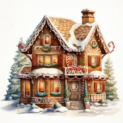 Gingerbread house watercolor illustration on white background.