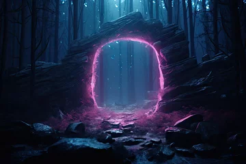 Fototapete Fantasielandschaft Abstract portal stone gate with neon circle glowing light in the dark wood forest space landscape of cosmic, rocky mountain stone field, spectrum light effect.