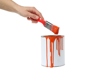 PNG, Сan with paint and brush in female hand, isolated on white background