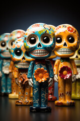 Hand-painted ceramic Calacas figurines for Day of the Dead isolated on a gradient background 