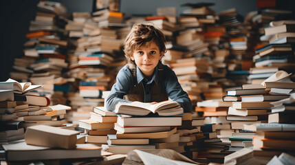 child surrounded by books - obrazy, fototapety, plakaty