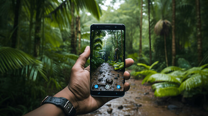 capturing the natural beauty of an jungle with a smart phone in hand.
