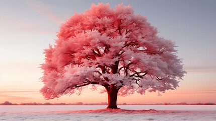In the midst of a serene, snowy landscape, a stunning pink tree stands tall, silhouetted against a breathtaking pink sunrise, showcasing the beauty of winter.