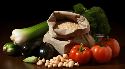 A tempting array of fresh produce on a dark background entices with its healthy, raw goodness, ideal for those embracing a vegetarian lifestyle.