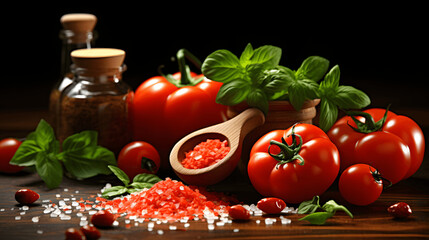 A tempting array of fresh produce on a dark background entices with its healthy, raw goodness, ideal for those embracing a vegetarian lifestyle.