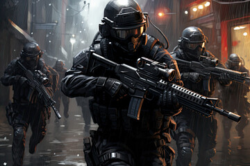 Fototapeta na wymiar Glock Illustration of a SWAT Team in Full Gear