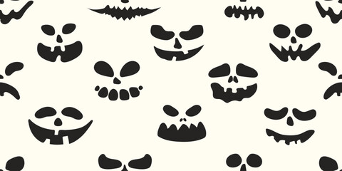 Halloween seamless pattern with pumpkin faces. Helloween repeating background with scary spooky characters. October holiday texture design. Flat vector illustration