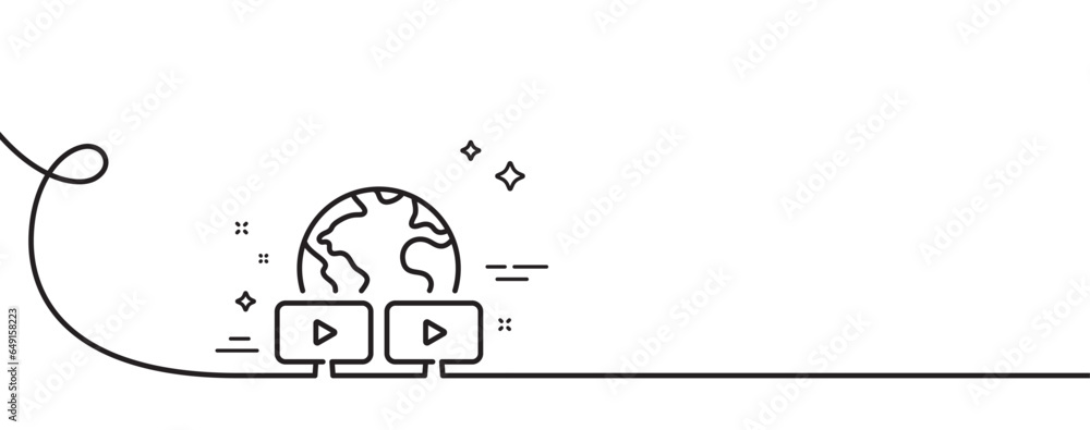 Poster virtual conference line icon. continuous one line with curl. online training sign. video team presen