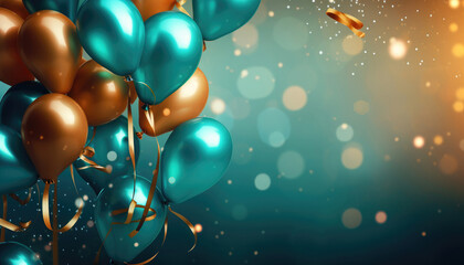 Beautiful Festive Background with Gold and Blue Balloons - obrazy, fototapety, plakaty