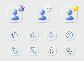 Fraud, Artificial intelligence and Laptop line icons. Placeholder with 3d star, reminder bell, chat. Pack of Deflation, Place, Qr code icon. Manual, Waterproof pictogram. For web app, printing. Vector