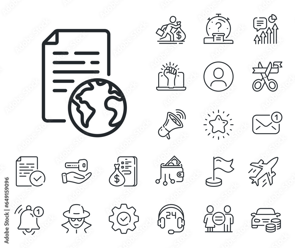 Poster doc file page sign. salaryman, gender equality and alert bell outline icons. internet document line 