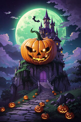 Whimsical Halloween Castle Pumpkin on Green and Purple