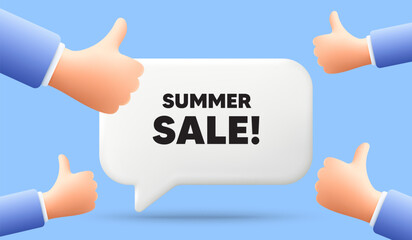 Summer Sale tag. 3d speech bubble banner with like hands. Special offer price sign. Advertising Discounts symbol. Summer sale chat speech message. 3d offer talk box. Vector