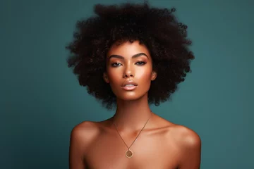 Poster Black woman afro, portrait and confident face in beauty and style against a studio background, Beautiful isolated African American female proud model with necklace, jewelry and hairstyle for fashion © alisaaa