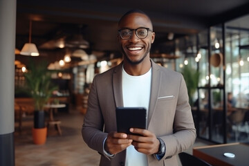 Black man, tablet and smile in portrait at startup, scroll device and happy with tech, communication and app, Social media, email and networking with businessman, web design or IT at digital agency