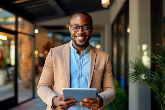 Black man, tablet and smile in portrait at startup, scroll device and happy with tech, communication and app, Social media, email and networking with businessman, web design or IT at digital agency 