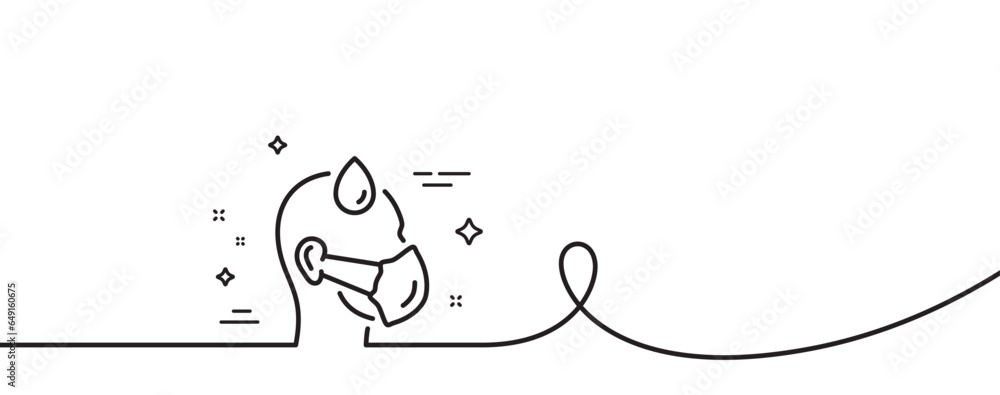 Poster sick man with medical mask line icon. continuous one line with curl. safety respiratory mask sign. c