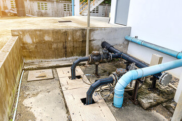 Valves and pipes for wastewater treatment systems. Modern urban therapy facility Powerful pipeline and pump State-of-the-art automation protection and control.