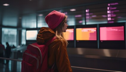 Flughafenszene: Frau wartet auf Abflug mit Koffer