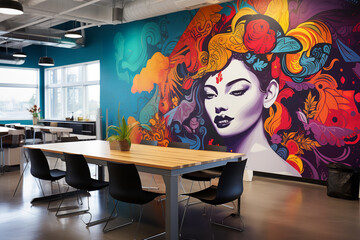 A vibrant artist's mural serves as a focal point in an open space office, inspiring creativity and sparking conversations - obrazy, fototapety, plakaty