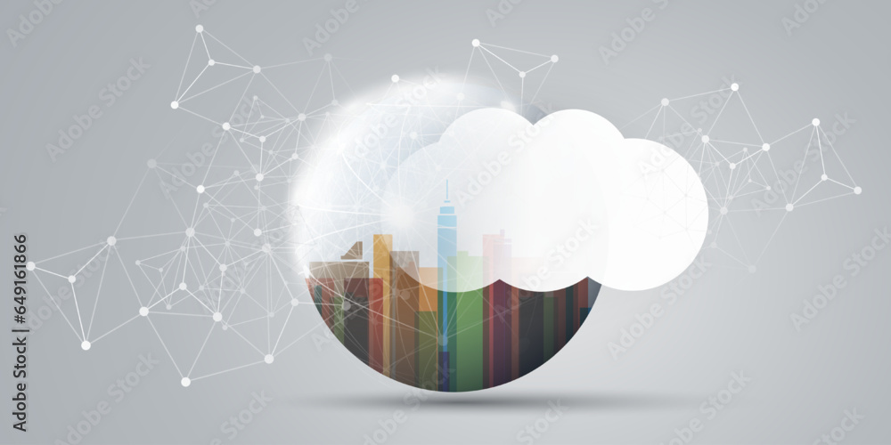 Poster futuristic smart city, cloud computing design concept with 3d polygonal mesh, cluster, nodes and whi