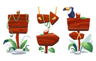 Jungle wooden sign board with toucan and stones, green grass and liana vines. Cartoon tropical forest wood frames and banners for signage and title text. Blank game signboards and arrow with plants. © klyaksun