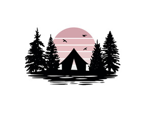 camping in the forest and pink sunset vector silhouette