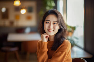 Happy Korean young woman relaxing at home