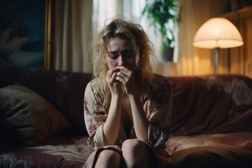 Beautiful young woman sitting on the sofa in the living room and crying,