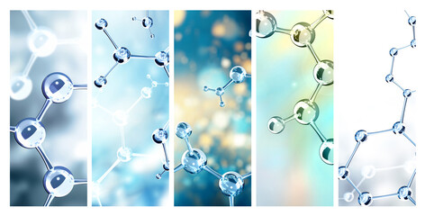 Set of vertical banners with models of abstract molecular structure. Collection of backgrounds with glass atom model