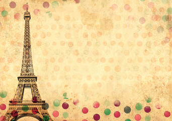 Old cardboard texture with Eiffel Tower - famous landmark of Paris and polka dots pattern....