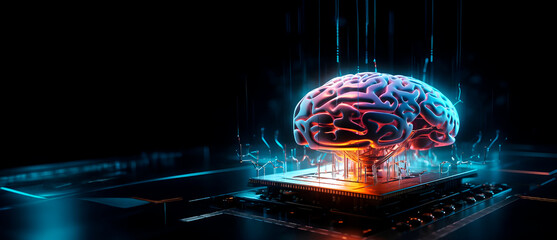 Artificial intelligence brain with processor. AI concept. AI generated - obrazy, fototapety, plakaty