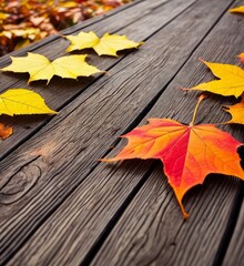 Colorful autumn leaves on a wooden table, change of seasons, golden autumn