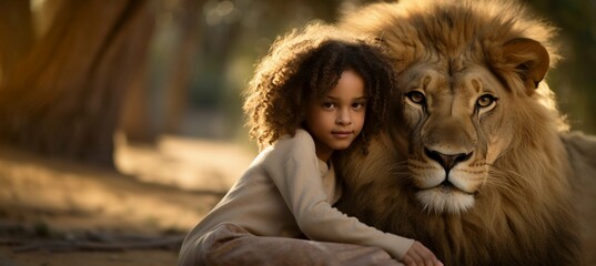 African little girl with curly hair with a majestic lion on a sunny African savannah background, Horizontal format 9:4