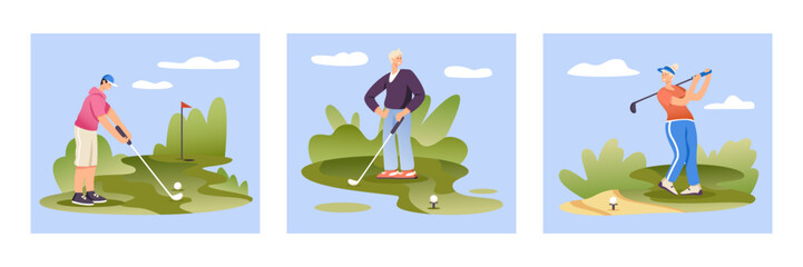 Set of young sporty people training outside. Men and lady holding golf club and hammering ball into hole. Concept of playing golf. Flat vector illustration in cartoon style in blue and green colors