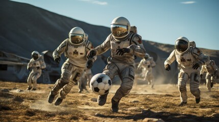 Astronauts competing in a cosmic football match
