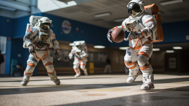 Astronauts engaging in a zero-gravity basketball game