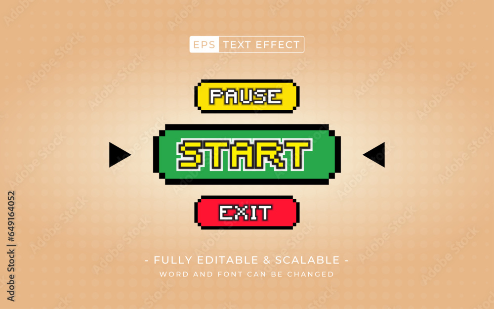 Poster start pixel editable vector text effect. classic game theme