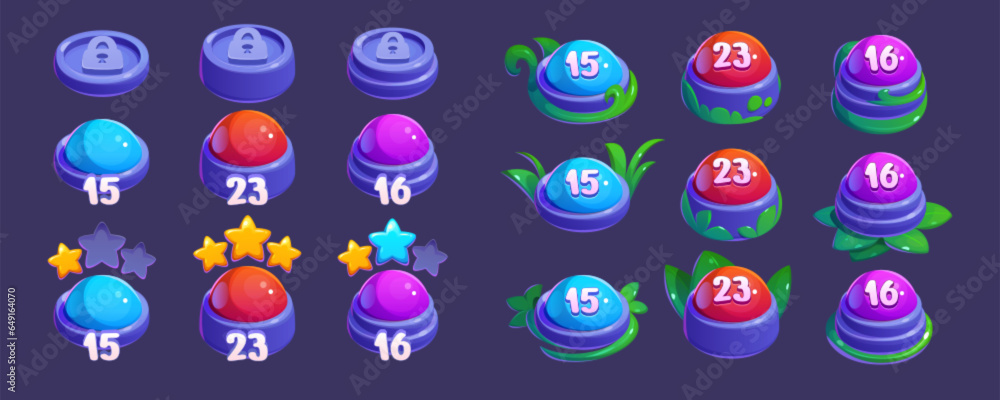 Poster set of game map buttons isolated on background. vector cartoon illustration of level indicators with