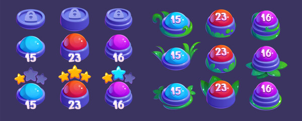 Set of game map buttons isolated on background. Vector cartoon illustration of level indicators with lock, star icons, marked with colors, decorated with green plants, mobile app design elements