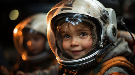 Young baby kid astronaut on a cosmic adventure