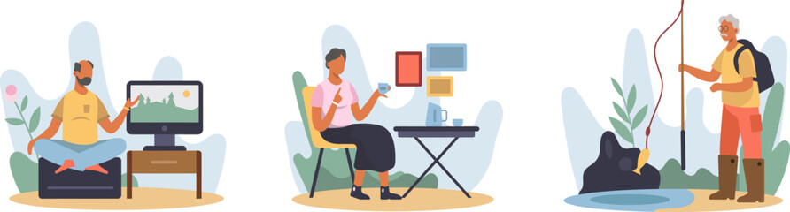 Old man sitting on armchair, watching TV and resting. Senior woman holding cup of tea. Fisherman holding fishing rod and fishing. Flat vector illustration in cartoon style