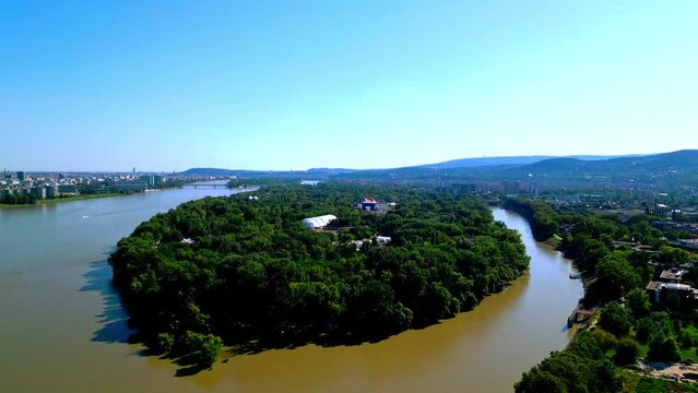 View Of Obuda Island During Sziget Festival In Budapest, Hungary - drone shot
