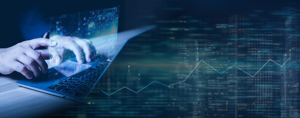 Man using modern computer surfing internet futuristic metaverse, Digital technology, internet network connection, big data, digital marketing IoT internet of things. innovative technology background.