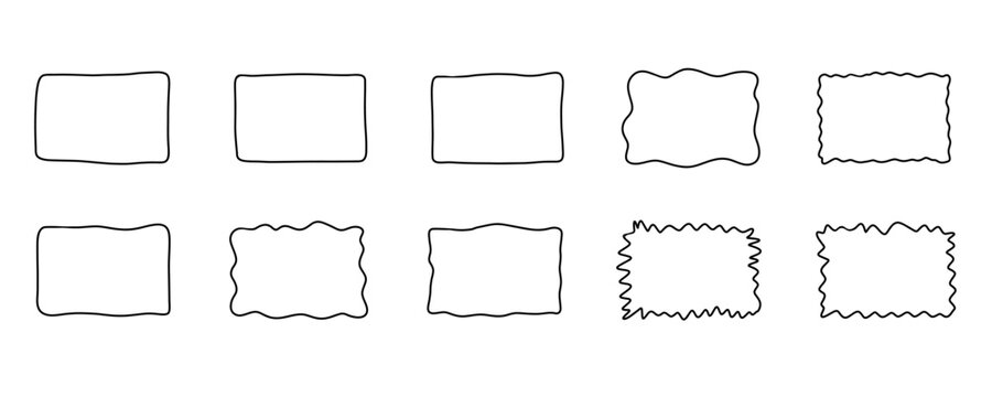 Rectangle frame set. Doodle wavy curve deformed textured frames. Border sketch. Vector illustration isolated on a white background.