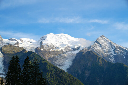 Amazing view on Monte Bianco mountains range with with Monblan on background. Vallon de Berard Nature Preserve, Chamonix, Graian Alps. Landscape photography