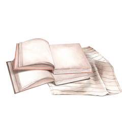 Recipe books on a kitchen towel. Home comfort. Vintage style. Watercolor illustration of decor for book lovers