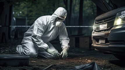 Criminologist in wearing protective suit, gloves and face masks working at crime scene at outdoor