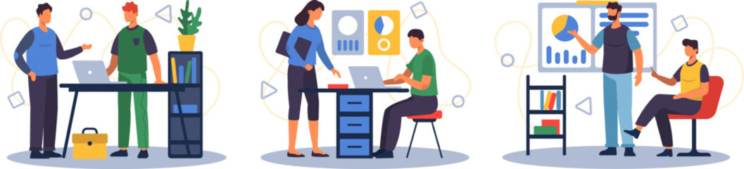 Man standing near table, working on laptop and talk with colleague. Employees solve business issues in office. Men looking at chart. Flat vector illustration in cartoon style