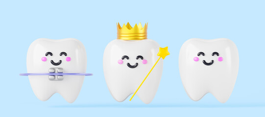 Dental braces, tooth fairy and teeth cartoon kawaii characters 3d render icon set. Cute baby tooth with orthodontic brackets, in golden crown and magic wand with star and smiling face. 3D illustration © marozhkastudio